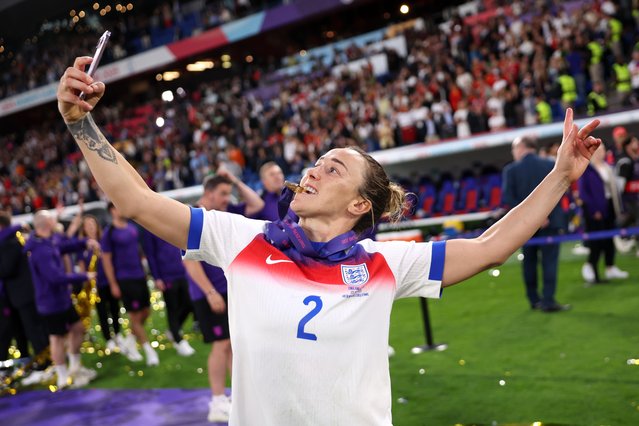Lucy Bronze of England takes a selfie as she celebrates following her team's victory in the UEFA Women's EURO 2025 Final match between England and Spain at St. Jakob-Park on July 27, 2025 in Basel, Switzerland. (Photo by Maja Hitij –UEFA/UEFA via Getty Images)