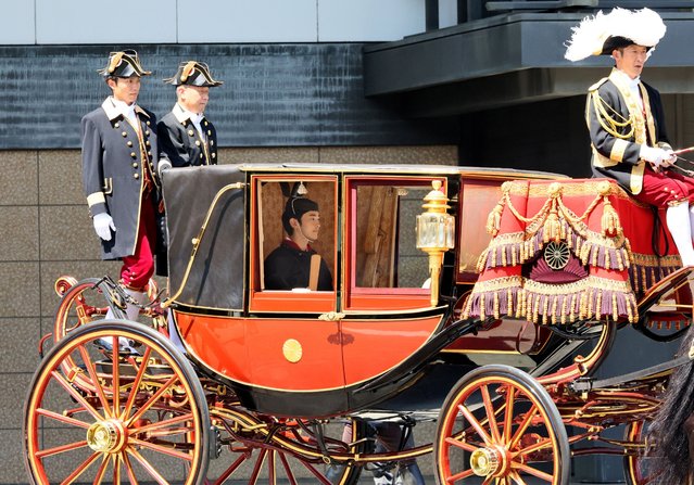 Japanese Prince Hisahito, son of Crown Prince Akishino, wearing ancient ceremonial costume leaves for a ceremony by a carriage at the Imperial Palace in Tokyo, Japan, on September 6, 2025. Prince Hisahito attended the coming-of-age ceremony at the palace. (Photo by Yoshikazu Tsuno/Pool via Reuters)