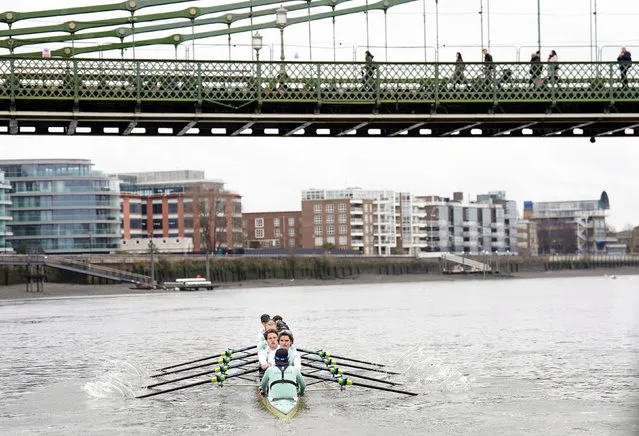 Cambridge University Men passing under Hammersmith Bridge, London during a training session on the River Thames, London, ahead of The Gemini Boat Race 2023 on Tuesday, March 21, 2023. (Photo by John Walton/PA Images via Getty Images)