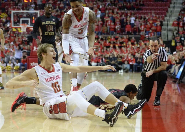 Maryland Terrapins forward Jake Layman (10) celebrates as the official rules the ball out of bounds for a Maryland possession during the final minutes of action against Florida State  on February 7, 2014 in College Park, MD.  (Photo by Jonathan Newton/The Washington Post)