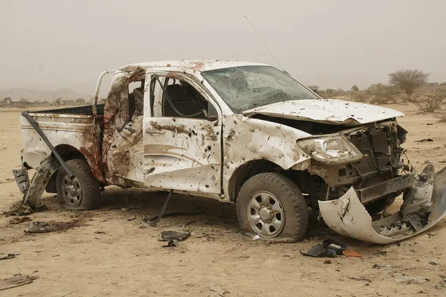 A vehicle belonging to al Qaeda-linked militants and destroyed during clashes with the army, is seen at the front line in the southern province of Abyan June 4, 2012. (Photo by Reuters/Yemen's Defence Ministry)