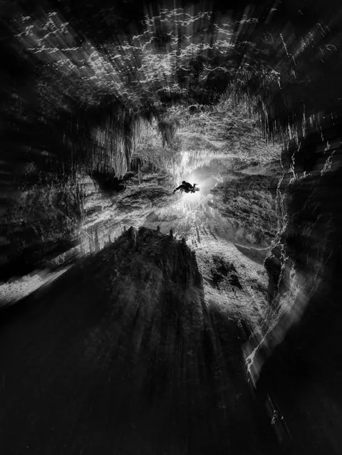 Black & white category runner-up. Time Travel by Martin Broen (US), taken in Cenote Chan Hol (Little Hole), Mexico. (Photo by Martin Broen/Underwater Photographer of the Year 2021)
