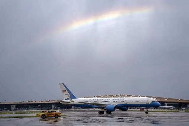 A rainbow is seen as a plane carrying Treasury Secretary Janet Yellen taxis after arriving at Beijing Capital International Airport in Beijing, China, Thursday, July 6, 2023. (Phoot by Mark Schiefelbein/AP Photo)
