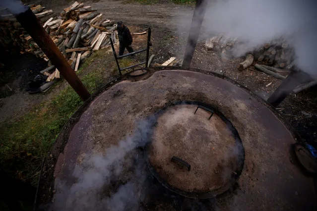 Charcoal burner Zygmunt Furdygiel checks on a charcoal furnace at a charcoal making site in the forest of Bieszczady Mountains, near the village of Baligrod, Poland October 27, 2016. (Photo by Kacper Pempel/Reuters)