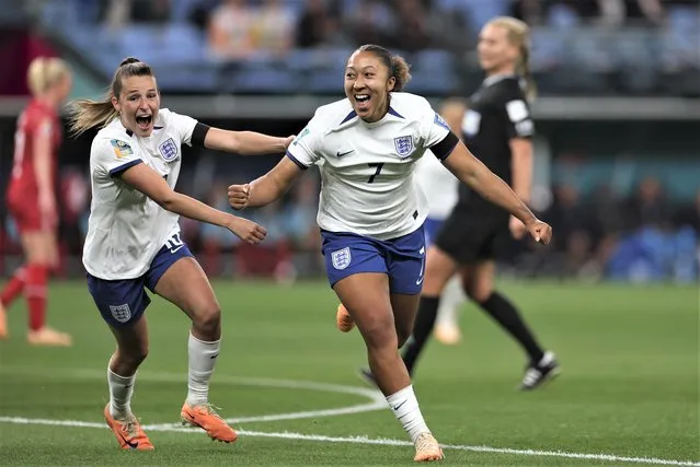 England's Lauren James, right, celebrates a first half goal with teammate England's Ella Toone during the Women's World Cup Group D soccer match between England and Denmark at Sydney Football Stadium in Sydney, Australia, Friday, July 28, 2023. (Photo by Sophie Ralph/AP Photo)