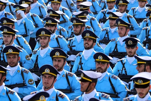 Members of Iran's security forces parade during the annual military parade marking the anniversary of the outbreak of the devastating 1980-1988 war with Saddam Hussein's Iraq, in Tehran on September 22, 2023. (Photo by AFP Photo/Stringer)