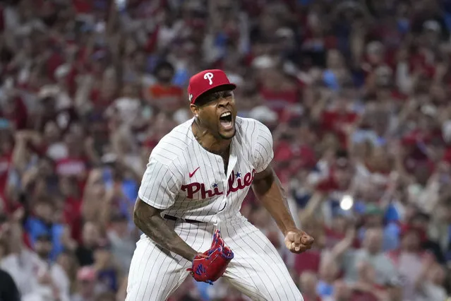 Philadelphia Phillies pitcher Gregory Soto celebrates the team's win over the Miami Marlins in Game 2 of an NL wild-card baseball playoff series Wednesday, October 4, 2023, in Philadelphia. The Phillies swept the series, and move on to face the Atlanta Braves. (Photo by Matt Slocum/AP Photo)
