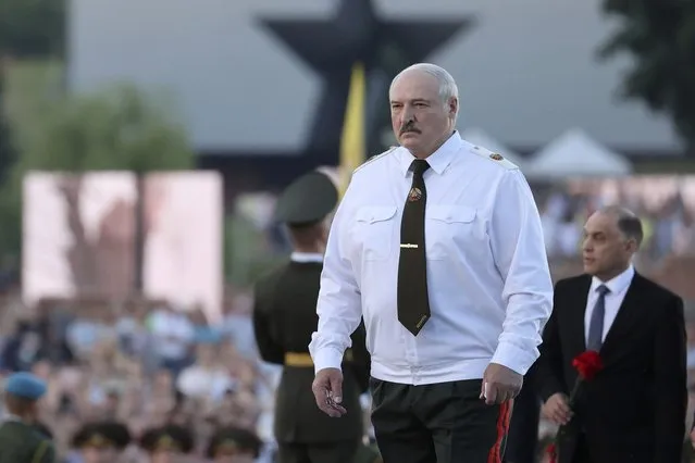 Belarusian President Alexander Lukashenko attends a ceremony to mark the 80th anniversary of Germany's attack on the Soviet Union in World War II in the Brest Fortress memorial, 360 km (225 miles) southwest of Minsk, Belarus, Tuesday, June 22, 2021. (Photo by Maxim Guchek/BelTA Pool Photo via AP Photo)