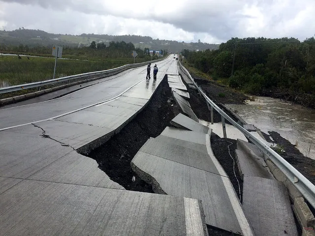 A damaged road is seen after a quake at Tarahuin, on Chiloe island, southern Chile, December 25, 2016. (Photo by Alvaro Vidal/Reuters)