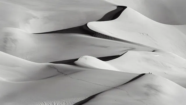 Winner. “Hikers at sunrise in the Great Sand Dunes national park, Colorado. To give an idea of scale, this photo was taken with a 500mm lens”. MICK RYAN, JUDGE: “Beautiful strong lines, the simplicity of monotone and figures to add scale. This elevated composition of the desert is this month’s worthy winner”. (Photo by Bill Boswell/The Guardian)