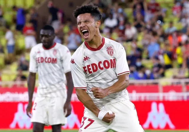 Sofiane Diop of AS Monaco celebrates after scoring to give the side a 3-1 lead during the UEFA Champions League Third Qualifying Round 2nd Leg match between Monaco and Sparta Praha at Stade Louis II on August 10, 2021 in Monaco. (Photo by Eric Gaillard/Reuters)