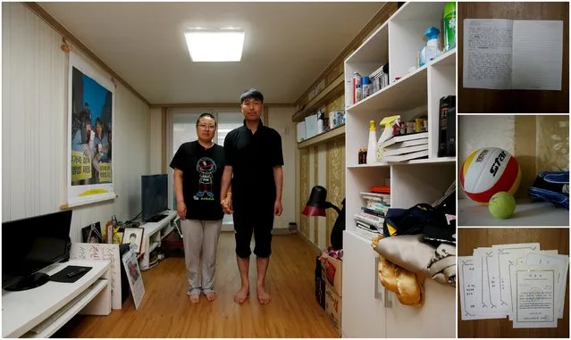 A combination picture shows Kim Young-lae (R) and Kim Sung-sil, parents of Kim Dong-hyuk, a high school student who died in the Sewol ferry disaster, as they pose for a photograph in their son's room, as well as details of objects, in Ansan April 8, 2015. Kim Young-lae said: “A thorough investigation is needed, and wrongdoers should be punished. This kind of accident might happen again, if we don't know why it happened”. (Photo by Kim Hong-Ji/Reuters)