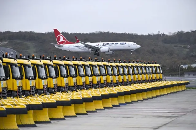 A view of an airplane as the winter preparations are completed to prevent adverse weather conditions to affect any flight traffic and to ensure that the passengers can travel comfortably and safely at the Istanbul Airport in Istanbul, Turkiye on December 6, 2023. (Photo by Muhammed Enes Yildirim/Anadolu via Getty Images)