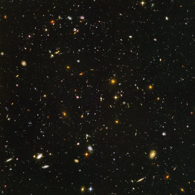 This image made by the NASA/ESA Hubble Space Telescope shows nearly 10,000 galaxies in the deepest visible-light image of the cosmos, cutting across billions of light-years. (Photo by NASA, ESA, S. Beckwith (STScI), HUDF Team via AP Photo)