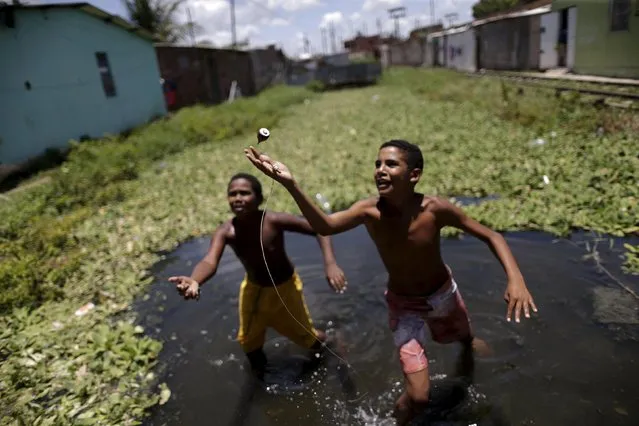 Children play in water at a slum in Recife, Brazil, March 2, 2016. (Photo by Ueslei Marcelino/Reuters)