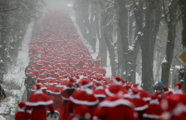 Runners dressed as Father Christmas take part in the so-called “Nikolaus Run” in the East German town of Michendorf December 9, 2012. Around 800 participants took part in the Santa Claus running competition that is hosted by the Laufclub Michendorf running association. (Photo by Wolfgang Rattay/Reuters)