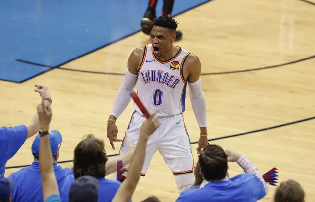 Oklahoma City Thunder guard Russell Westbrook (0) celebrates after scoring against the Portland Trail Blazers in the first half of Game 4 of an NBA basketball first-round playoff series Sunday, April 21, 2019, in Oklahoma City. (Photo by Alonzo Adams/AP Photo)