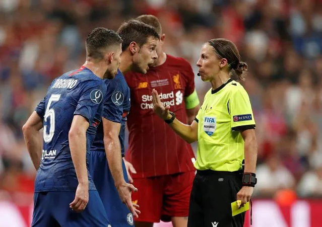 Chelsea's Cesar Azpilicueta is shown a yellow card by referee Stephanie Frappart during the UEFA Super Cup match against Liverpool at Vodafone Arena in Istanbul, Turkey, August 14, 2019. (Photo by John Sibley/Action Images via Reuters)