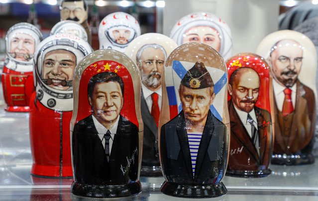 Russian matryoshka dolls with portraits of the Chinese President Xi Jinping and Russian President Vladimir Putin sold on a street souvenir shop in downtown Moscow, Russia, 20 March 2023. Chinese President Xi Jinping arrived in Moscow for a three-day visit, which will last from 20 to 22 March, according to Russian and Chinese state agencies.  An informal meeting between Vladimir Putin and Xi Jinping is expected to take place on 20 March. Following its results, it is planned to sign two documents – on improving joint partnership in a new era and on developing key areas of Russian-Chinese economic cooperation until 2030. (Photo by Yuri Kochetkov/EPA/EFE/Rex Features/Shutterstock)