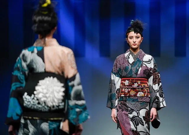 A model showcases designs by JOTARO SAITO on the runway as part of Rakuten Fashion Week TOKYO 2022 autumn winter show at Omotesando Hills on March 16, 2022 in Tokyo, Japan. (Photo by Christopher Jue/Getty Images)