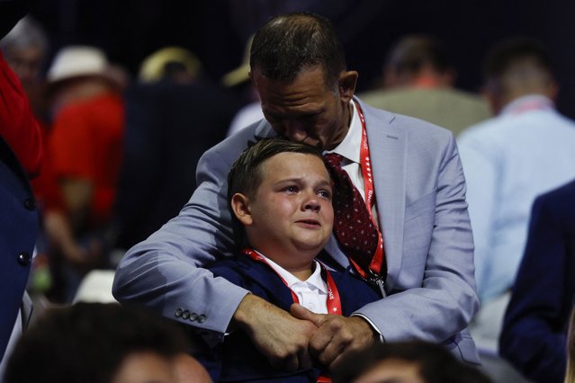 Attendees become emotional as a speaker talks about fentanyl deaths on Day 2 of the RNC in Milwaukee on July 16, 2024. (Photo by Evelyn Hockstein/Reuters)