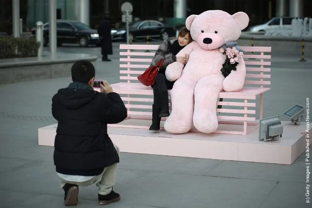 A Chinese man takes pictures of his girlfriend posing with a giant teddy bear for Valentine's Day outside a shopping mall