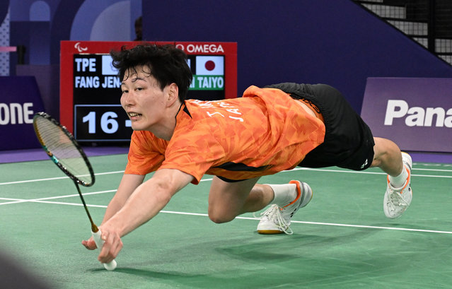 Imai Taiyo of Japan plays a shot against Jen-Yu Fang of Chinese Taipei (not pictured) during the Men's Singles SU5 Group Play Stage – Group B match on day two of the Paris 2024 Summer Paralympic Games at Porte de La Chapelle Arena on August 30, 2024 in Paris, France. (Photo by Jennifer Lorenzini/Reuters)