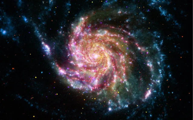 This image of the Pinwheel Galaxy, also known as M101, combines data in the infrared, visible, ultraviolet and X-rays from four of NASA's space-based telescopes