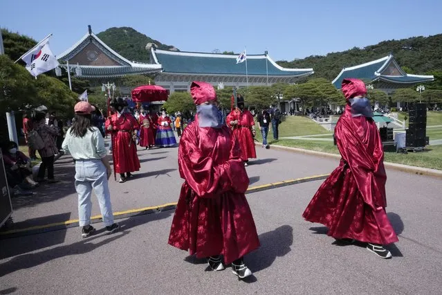 A royal stroll is reenacted at the Blue House, the former presidential palace, in Seoul, South Korea, Tuesday, May 10, 2022. For most South Koreans, the former presidential palace in Seoul was as shrouded in mystery as the buildings in their secretive rival North Korea. That’s now changed recently as thousands have been allowed a look inside for the first time in 74 years.(Photo by Ahn Young-joon/AP Photo)