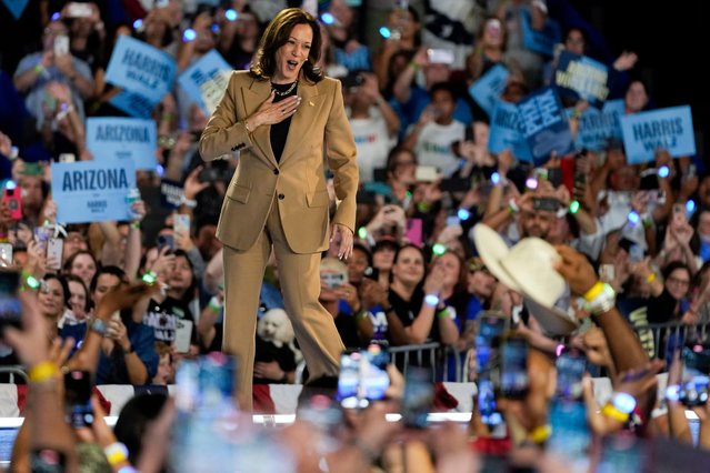 Democratic presidential nominee Vice President Kamala Harris arrives to speak Thursday, October 10, 2024, on the Gila River Indian Community reservation near Chandler, Ariz. (Photo by Matt York/AP Photo)