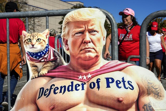 An image depicting Republican presidential nominee, former President Donald Trump, is on display as his supporters arrive for his campaign rally at the Greensboro Coliseum, Tuesday, October 22, 2024, in Greensboro, N.C. (Photo by Julia Demaree Nikhinson/AP Photo)