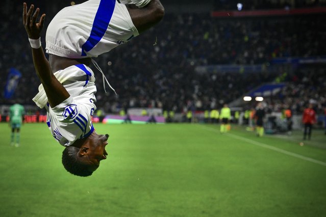 Lyon's Ghanaian forward #37 Ernest Nuamah celebrates after scoring a goal wich was later disallowed during the French L1 football match between Olympique Lyonnais (OL) and AS Saint-Etienne at the Parc Olympique Lyonnais in Decines-Charpieu, central-eastern France on November 10, 2024. (Photo by Olivier Chassignole/AFP Photo)