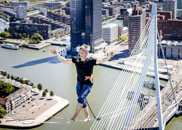 Estonian slackliner Jaan Roose walks at a height of almost 188 meters over a webbing from De Rotterdam in the Wilhelminapier to the De Zalmhaven towers at the Erasmus Bridge, in Rotterdam, the Netherlands, 09 August 2022. (Photo by Sem van der Wal/EPA/EFE)