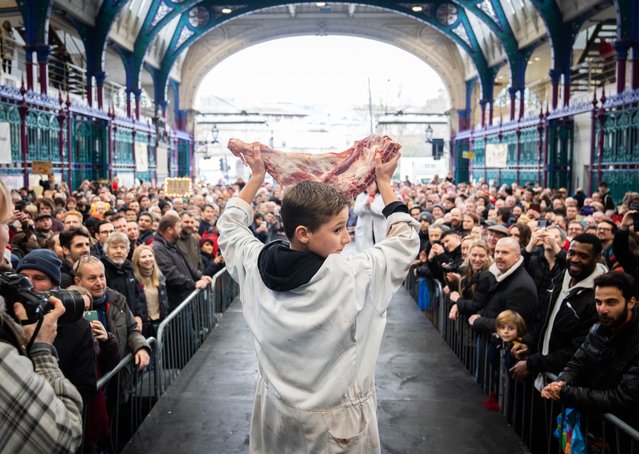 Meat is displayed during the Smithfield Market Christmas meat auction in the City of London on Tuesday, December 24, 2024, as traders auction off their surplus meats to the public in a tradition that spans back a century. (Photo by James Manning/PA Images via Getty Images)