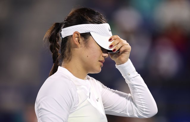 Emma Raducanu of Great Britain struggles in her first round match against Marketa Vondrousova of Czech Republic during day three of the Mubadala Abu Dhabi Open, part of the Hologic WTA Tour, at Zayed Sports City on February 04, 2025 in Abu Dhabi, United Arab Emirates. (Photo by Francois Nel/Getty Images)