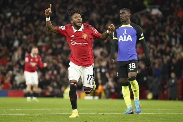 Manchester United's Fred celebrates after his team's first goal during the English Premier League soccer match between Manchester United and Tottenham Hotspur at Old Trafford in Manchester, England, Wednesday, October 19, 2022. (Photo by Dave Thompson/AP Photo)