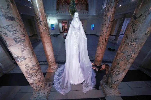 London based Korean fashion designer Miss Sohee during a photo call for the unveiling of her couture Christmas tree installation, at the Victoria and Albert Museum in London on Monday, November 28, 2022. (Photo by Yui Mok/PA Images via Getty Images)