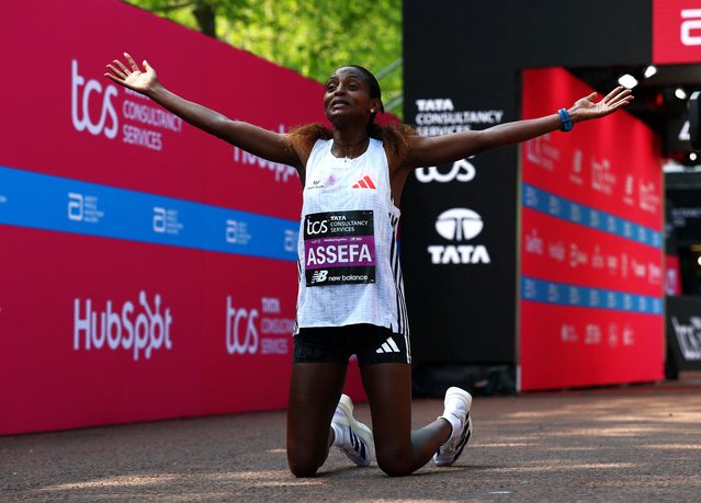 Tigst Assefa, from Ethiopia, celebrated after winning the women’s elite race in the London Marathon on April 27, 2025. (Photo by Matthew Childs/Action Images via Reuters)