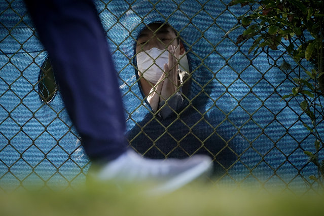 A fan wearing a face mask claps through a hole in the fence as a golfer leaves the 12h tee during the second round of the PGA Championship golf tournament at TPC Harding Park Friday, August 7, 2020, in San Francisco. (Photo by Charlie Riedel/AP Photo)