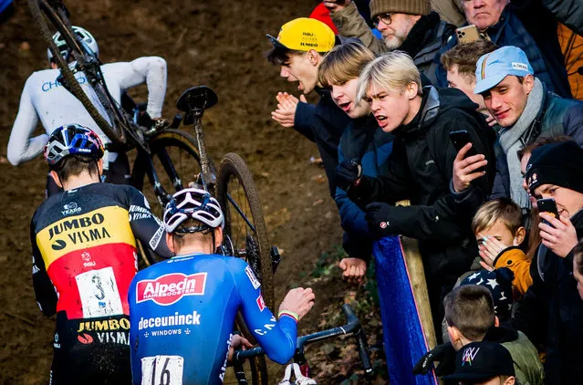 Belgian Jens Adams, Belgian Wout Van Aert and Dutch Mathieu Van Der Poel pictured in action during the men's elite race at the “Herentals Crosst” cyclocross cycling event on Tuesday 03 January 2023 in Herentals, the fourth stage in the X2O Badkamers “Trofee Veldrijden” competition. (Photo by Rex Features/Shutterstock)
