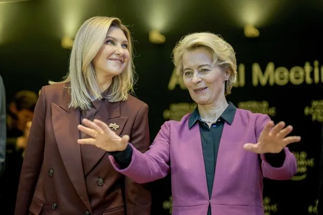 First Lady of Ukraine Olena Zelenska, left, and EU Commission President Ursula von der Leyen attend a session at the World Economic Forum in Davos, Switzerland Tuesday, January 17, 2023. The annual meeting of the World Economic Forum is taking place in Davos from Jan. 16 until Jan. 20, 2023. (Photo by Markus Schreiber/AP Photo)
