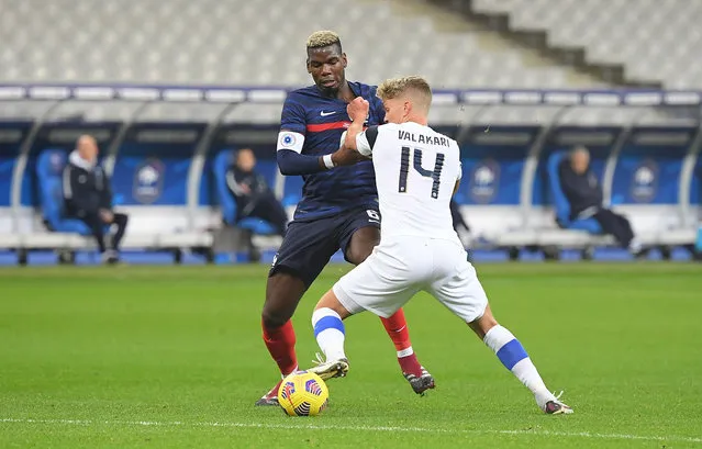 Paul Pogba and Onni Valakari during the friendly match between France and Finland at the “Stade de France” on Wednesday, November 11, 2020 in Saint-Denis, Paris. (Photo by Christophe Saidi/SIPA Press)