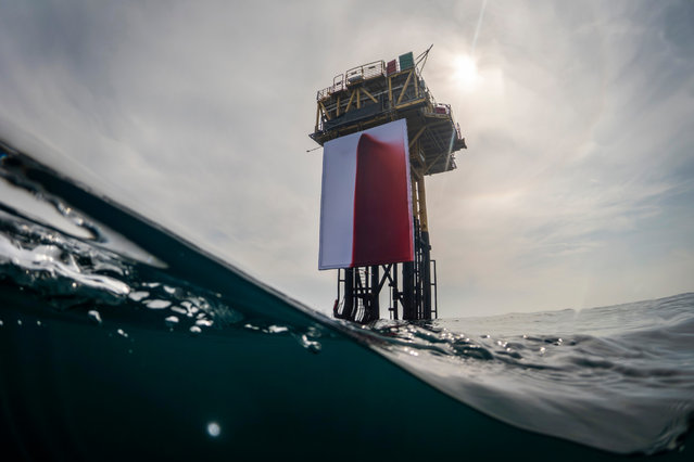 Butchered, a new work by the artist Anish Kapoor, is installed on a Shell platform in North Sea, UK on August 14, 2025 to protest against the company’s planet-warming gas emissions. (Photo by Andrew McConnell/Greenpeace/PA Wire)