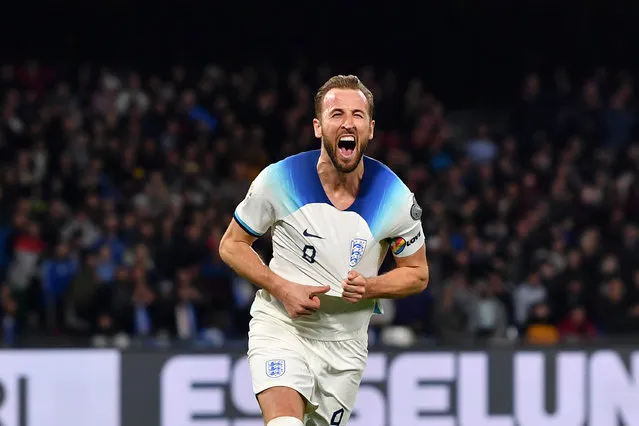 Harry Kane of England celebrates after scoring their sides second goal during the UEFA EURO 2024 qualifying round group C match between Italy and England at Stadio Diego Armando Maradona on March 23, 2023 in Naples, Italy. (Photo by Valerio Pennicino – UEFA/UEFA via Getty Images)