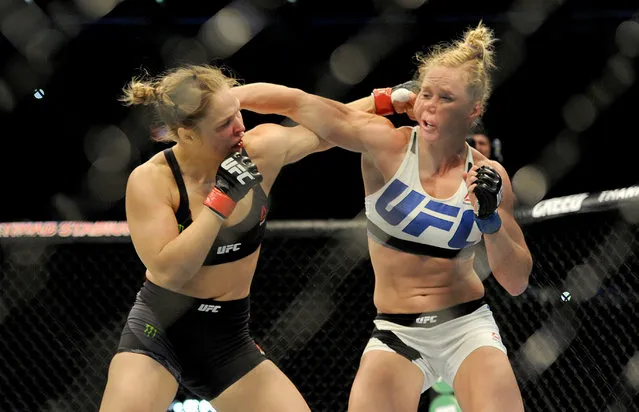 Holly Holm fights defending champion Ronda Rousey in the Women's Bantamweight Bout during the UFC 193 Australia event at Etihad stadium in Melbourne, November 15, 2015. (Photo by Joe Castro/EPA)