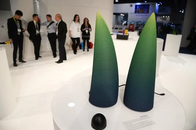 “Spinnaker”, rhino-shaped desktop Bluetooth speakers with dome type remote control by Edifier are displayed, January 6, 2015 at the Consumer Electronics Show in Las Vegas, Nevada. (Photo by Robyn Beck/AFP Photo)