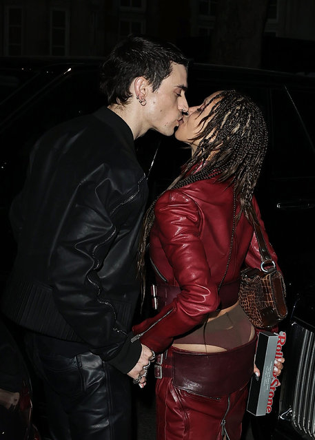 English singer-songwriter FKA Twigs and filmmaker Jordan Hemingway pucker up after a studded party held at 38 Mayfair in London on November 20, 2025. The glamorous event brought together actors, musicians, and influencers dressed to impress for a night of celebration and high fashion. (Photo by M/W/Splash News and Pictures)