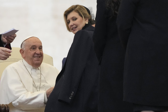 Pope Francis greets First Ladie of Ukraine Olena Zelenska during his weekly general audience in St. Peter's Square at The Vatican, Wednesday, November 20, 2024. (Phoot by Gregorio Borgia/AP Photo)
