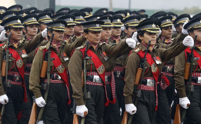 An all female Indian military contingent marches in the Republic Day parade in New Delhi January 26, 2015. (Photo by Jim Bourg/Reuters)