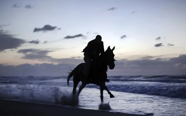 A Palestinian man rides a horse on the beach as the sun sets over Gaza city, Thursday, November 17, 2016. (Photo by Khalil Hamra/AP Photo)
